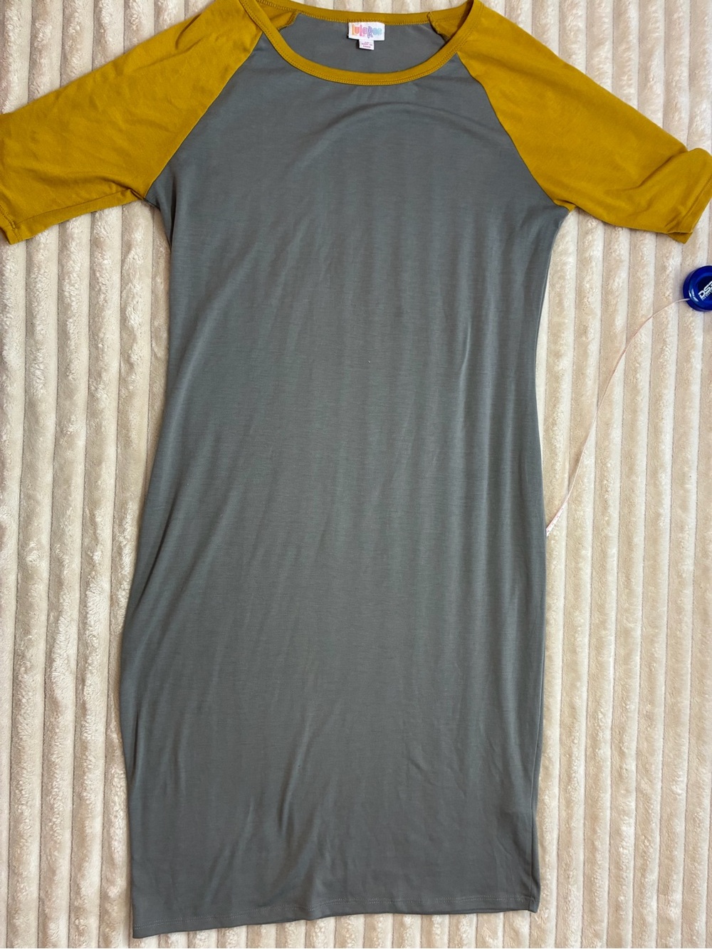 LuLaRoe Julia Dress Size M Gray Mustard Yellow Color Block Fall
